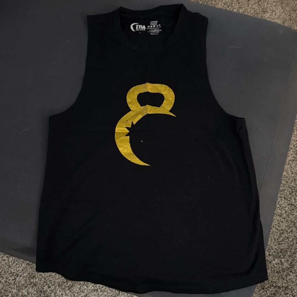 ZYIA Black Tank Top with Gold Kettlebell Design